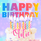A vibrant animated name GIF with the words 'Happy Birthday Otilie' with colorful candles on a creamy cake. The background sparkles with pastel shades, adding a festive touch.