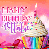 A vibrant birthday GIF featuring a rainbow-colored cupcake topped with white frosting, sprinkles, and a lit candle. The text reads 'Happy Birthday Ottalie' in bold pink and violet letters with white outline.