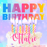A vibrant animated name GIF with the words 'Happy Birthday Ottalie' with colorful candles on a creamy cake. The background sparkles with pastel shades, adding a festive touch.