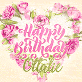 A stunning heart made of pink roses surrounds the elegant script text 'Happy Birthday Ottalie' on a soft beige background. Animated sparkles add a magical and festive feel.