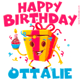 A vibrant and funny gift box character with a happy face dancing with a cupcake and the text 'Happy Birthday Ottalie,' surrounded by animated confetti and party vibes.