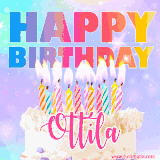 A vibrant animated name GIF with the words 'Happy Birthday Ottila' with colorful candles on a creamy cake. The background sparkles with pastel shades, adding a festive touch.