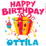 A vibrant and funny gift box character with a happy face dancing with a cupcake and the text 'Happy Birthday Ottila,' surrounded by animated confetti and party vibes.