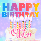 A vibrant animated name GIF with the words 'Happy Birthday Ottilia' with colorful candles on a creamy cake. The background sparkles with pastel shades, adding a festive touch.