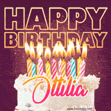 A colorful birthday cake topped with lit candles, with the words 'Happy Birthday Ottilia' in bold glowing letters on a burgundy background. Animated flames add a festive touch.