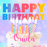 A vibrant animated name GIF with the words 'Happy Birthday Ouida' with colorful candles on a creamy cake. The background sparkles with pastel shades, adding a festive touch.