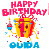 A vibrant and funny gift box character with a happy face dancing with a cupcake and the text 'Happy Birthday Ouida,' surrounded by animated confetti and party vibes.