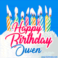 Happy Birthday GIF for Owen with Birthday Cake and Lit Candles