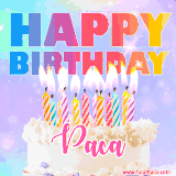 A vibrant animated name GIF with the words 'Happy Birthday Paca' with colorful candles on a creamy cake. The background sparkles with pastel shades, adding a festive touch.