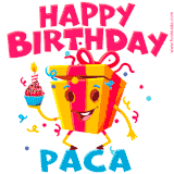 A vibrant and funny gift box character with a happy face dancing with a cupcake and the text 'Happy Birthday Paca,' surrounded by animated confetti and party vibes.