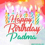 Bright birthday candles with rainbow flames on a cake, alongside the text 'Happy Birthday Padma' in vibrant script in this celebratory animated GIF.