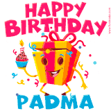 A vibrant and funny gift box character with a happy face dancing with a cupcake and the text 'Happy Birthday Padma,' surrounded by animated confetti and party vibes.