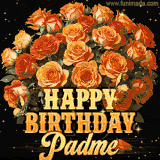 Animated bouquet of orange roses with moving butterfles and golden 'Happy Birthday Padme' text, surrounded by sparkling accents and a dark backdrop for a luxurious feel.
