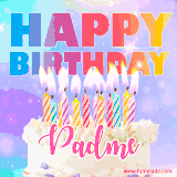 A vibrant animated name GIF with the words 'Happy Birthday Padme' with colorful candles on a creamy cake. The background sparkles with pastel shades, adding a festive touch.