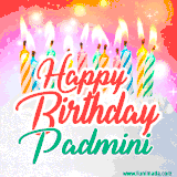 Bright birthday candles with rainbow flames on a cake, alongside the text 'Happy Birthday Padmini' in vibrant script in this celebratory animated GIF.