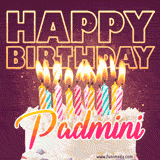 A colorful birthday cake topped with lit candles, with the words 'Happy Birthday Padmini' in bold glowing letters on a burgundy background. Animated flames add a festive touch.