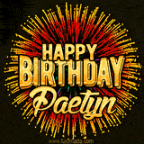 Golden 'Happy Birthday Paetyn' text accompanied by animated rainbow fireworks for a festive animated greeting.