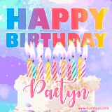 A vibrant animated name GIF with the words 'Happy Birthday Paetyn' with colorful candles on a creamy cake. The background sparkles with pastel shades, adding a festive touch.