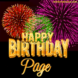 A golden 'Happy Birthday Page' message with vibrant fireworks in the background, creating a festive and celebratory vibe in this animated name GIF.