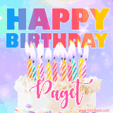 A vibrant animated name GIF with the words 'Happy Birthday Paget' with colorful candles on a creamy cake. The background sparkles with pastel shades, adding a festive touch.