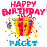 A vibrant and funny gift box character with a happy face dancing with a cupcake and the text 'Happy Birthday Paget,' surrounded by animated confetti and party vibes.
