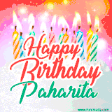 Bright birthday candles with rainbow flames on a cake, alongside the text 'Happy Birthday Paharita' in vibrant script in this celebratory animated GIF.