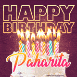 A colorful birthday cake topped with lit candles, with the words 'Happy Birthday Paharita' in bold glowing letters on a burgundy background. Animated flames add a festive touch.