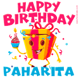 A vibrant and funny gift box character with a happy face dancing with a cupcake and the text 'Happy Birthday Paharita,' surrounded by animated confetti and party vibes.