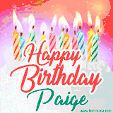 Bright birthday candles with rainbow flames on a cake, alongside the text 'Happy Birthday Paige' in vibrant script in this celebratory animated GIF.