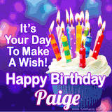 A colorful birthday GIF for Paige featuring a cupcake with vibrant lit candles and the text 'It's Your Day to Make a Wish! Happy Birthday Paige' in bold letters on a festive purple background.