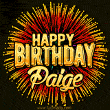 Golden 'Happy Birthday Paige' text accompanied by animated rainbow fireworks for a festive animated greeting.