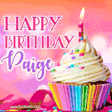 A vibrant birthday GIF featuring a rainbow-colored cupcake topped with white frosting, sprinkles, and a lit candle. The text reads 'Happy Birthday Paige' in bold pink and violet letters with white outline.