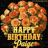 Animated bouquet of orange roses with moving butterfles and golden 'Happy Birthday Paige' text, surrounded by sparkling accents and a dark backdrop for a luxurious feel.