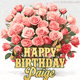 Golden 'Happy Birthday Paige' text beneath a vibrant bouquet of orange roses, complete with glittering butterflies and sparkling details.