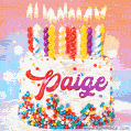 Personalized for Paige elegant birthday cake adorned with rainbow sprinkles, colorful candles and glitter