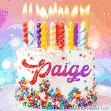 A cheerful white birthday cake with multicolor sprinkles, lit candles, and 'Paige' written in vibrant letters, in an animated GIF.