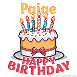Cartoon birthday cake with a red bow, glowing candles, and 'Paige Happy Birthday' text in bold animated style.