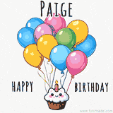 An adorable and cute cupcake with a smiley face and moving colorful balloons create a joyful birthday greeting for Paige in this cheerful animated greeting E-card.