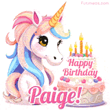 An adorable animated unicorn with soft pastel colors sits beside a birthday cake with glowing candles, and a pink 'Happy Birthday Paige!' words.
