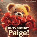 Cinematic style cute animated teddy bear with charming features holding a large bouquet of red roses, the words say 'Happy Birthday Paige' in sans serif font.