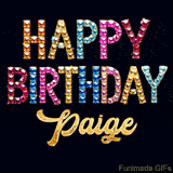 Vibrant luxury birthday greeting card for Paige, showing glittering gemstone letters and golden calligraphy on a dark background with twinkling shine effects.