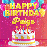 Pink-themed animated greeting with balloons, confetti, and a frosted cake under the message 'Happy Birthday Paige' in bold rounded yellow font.