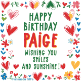 A colorful animated card for Paige’s birthday featuring playful hearts, cheerful flowers, and a handwritten message wishing smiles and sunshine.