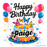 An animated birthday card for Paige. It features a festive cake with her name, 'Paige', and colorful butterflies. Floating balloons and hearts complete the joyful scene.