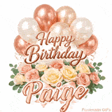 Floral Happy Birthday Paige GIF featuring blooming roses and floating balloons