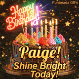 Cute chocolate cake animation with Paige's name, decorated with glowing birthday candles and multicolored icing.
