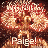Cute gift-themed animated image showing a red present and shiny balloons for Paiges special day.