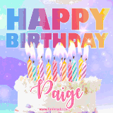 A vibrant animated name GIF with the words 'Happy Birthday Paige' with colorful candles on a creamy cake. The background sparkles with pastel shades, adding a festive touch.