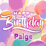 A vibrant name GIF featuring colorful balloons in shades of pink, orange, and yellow with the bold text 'Happy Birthday Paige' in festive fonts, creating a lively birthday vibe.