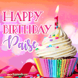 A vibrant birthday GIF featuring a rainbow-colored cupcake topped with white frosting, sprinkles, and a lit candle. The text reads 'Happy Birthday Paise' in bold pink and violet letters with white outline.